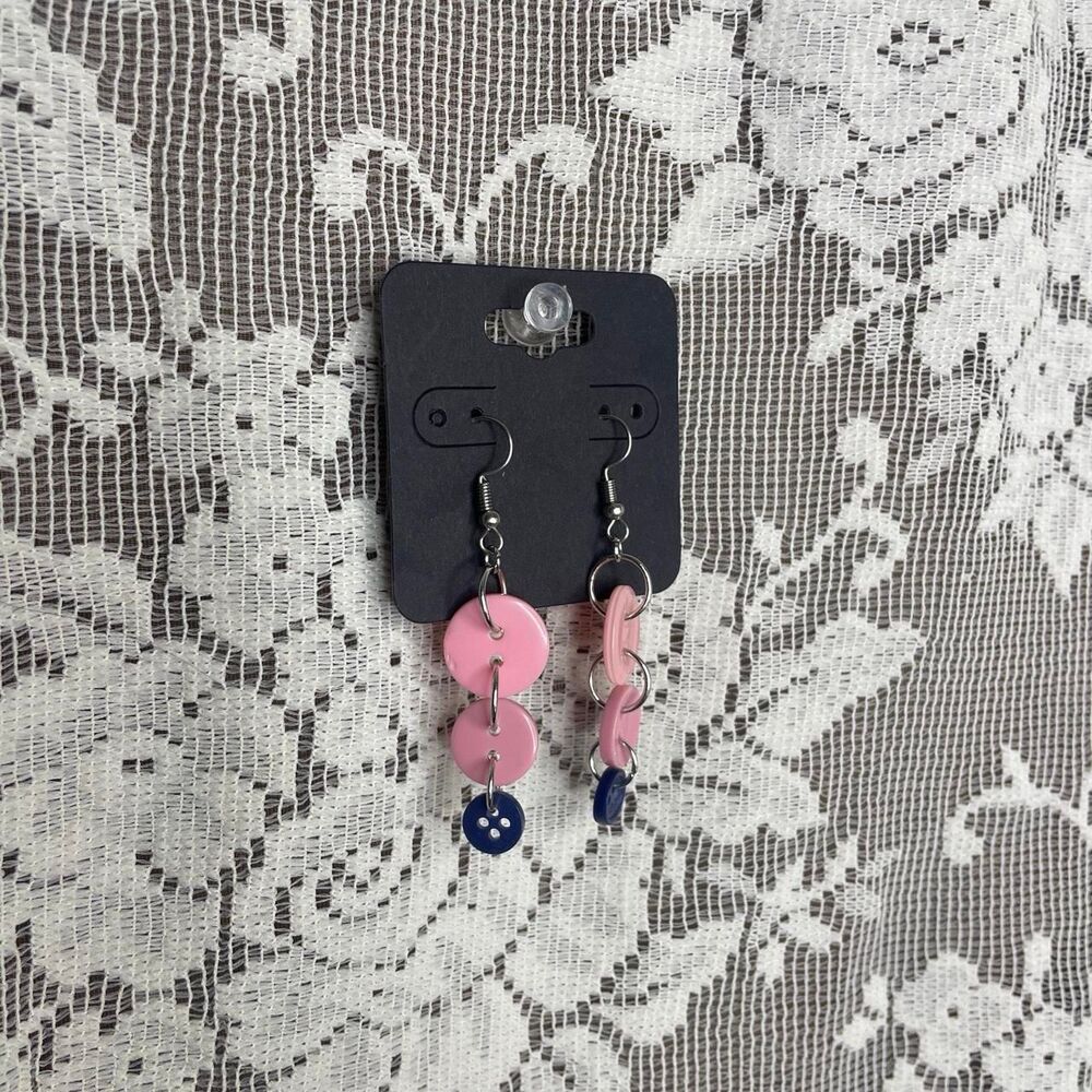 Pink & Navy Blue Button Dangle Drop Earrings